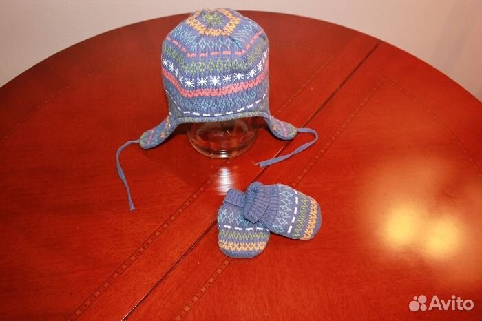 Шапка Mothercare с завязками и варежки от 0 размер