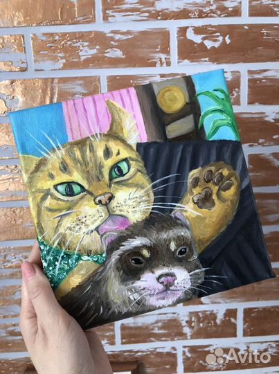 Картина маслом на холсте кошка и хорек