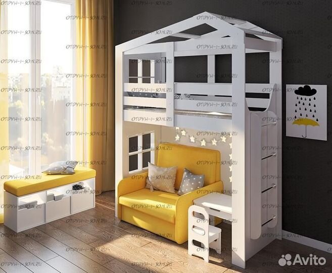 Кровать-чердак домик с лестницей