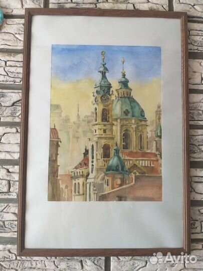 Картина акварелью в раме Прага