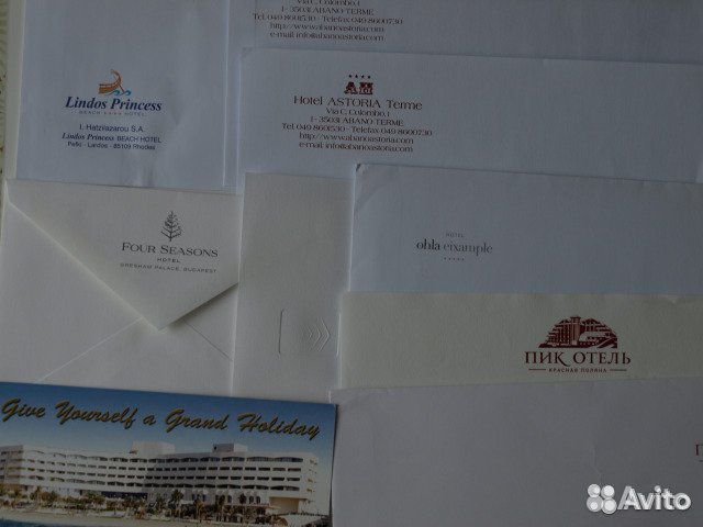 Брендовые конверты, открытки, бумага отелей