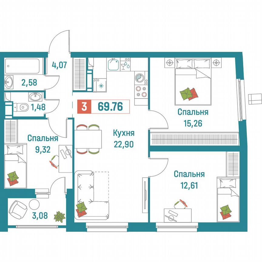 3-к. квартира, 69,8 м², 4/18 эт.