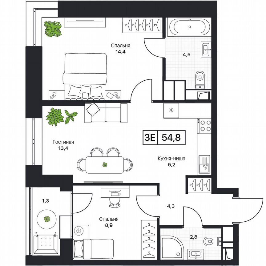 3-к. квартира, 54,8 м², 3/17 эт.