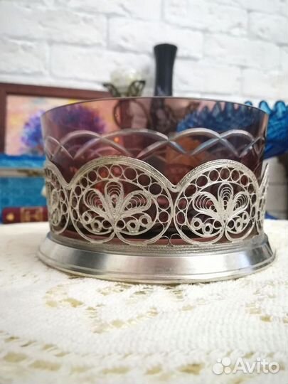 Вазочка цветное марганцевое стекло скань СССР