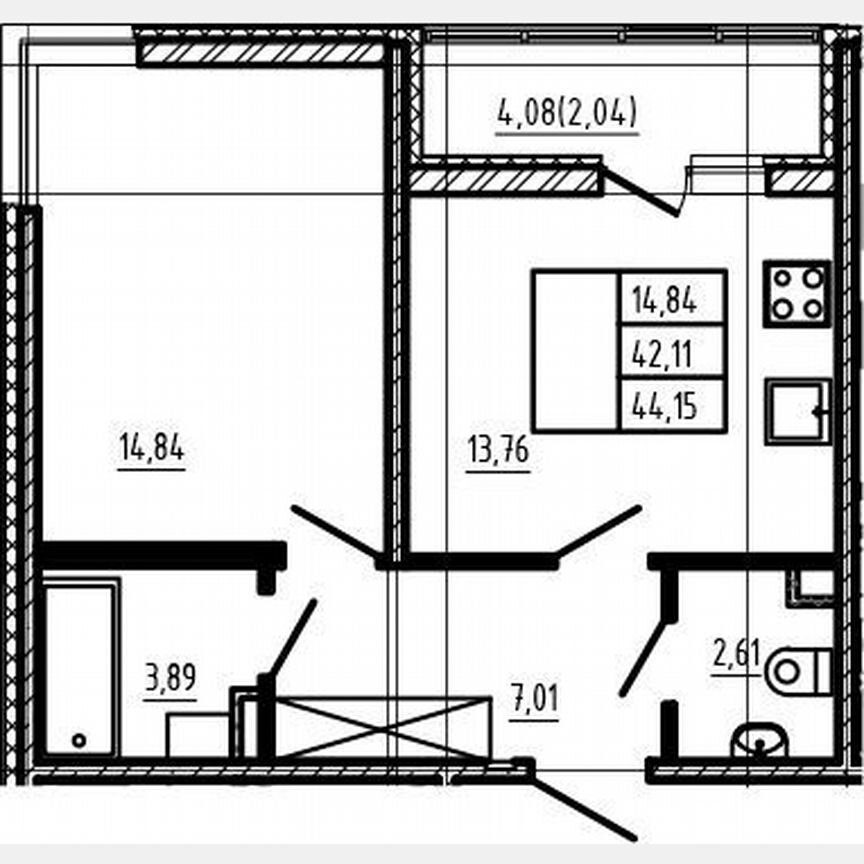 1-к. квартира, 42,1 м², 1/4 эт.