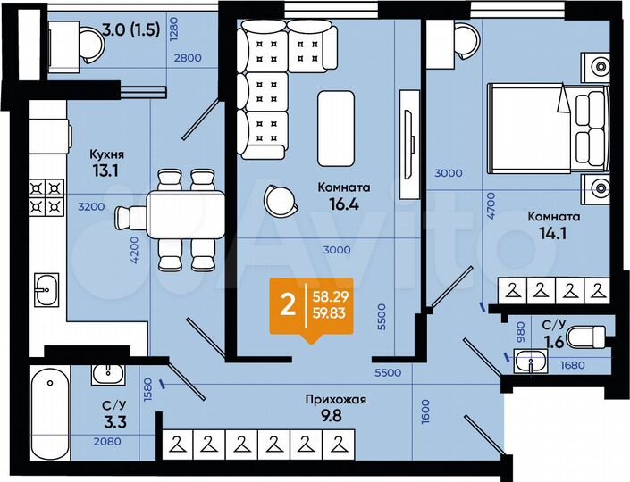 2-к. квартира, 59,8 м², 9/9 эт.