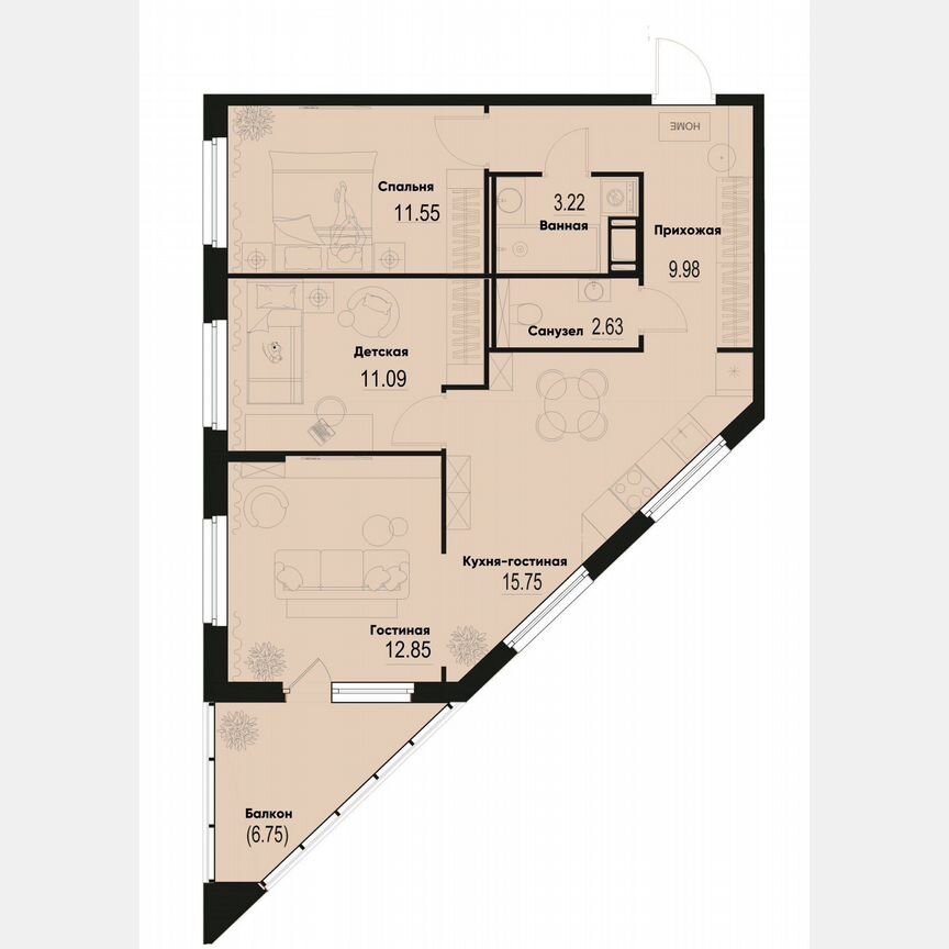 3-к. квартира, 69,1 м², 3/12 эт.