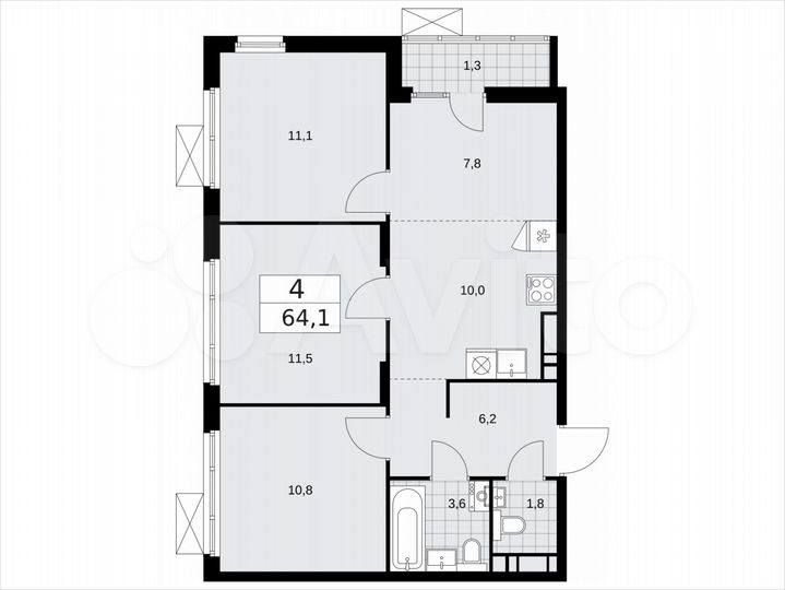 4-к. квартира, 64,1 м², 10/16 эт.