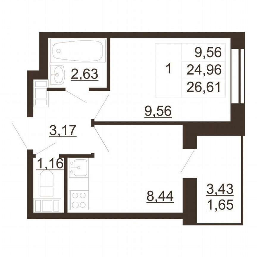 1-к. квартира, 26,6 м², 3/6 эт.