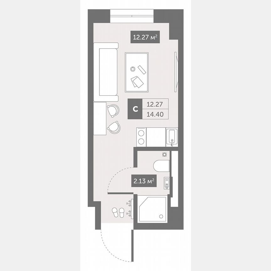 1-к. апартаменты, 14,4 м², 2/13 эт.