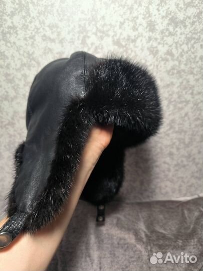 Шапка ушанка натуральный мех норки, кожа