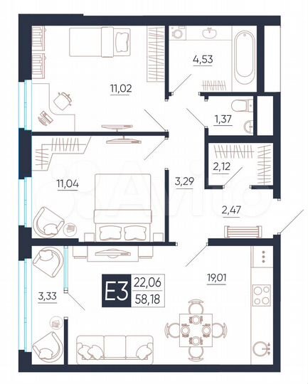 3-к. квартира, 58,2 м², 4/25 эт.
