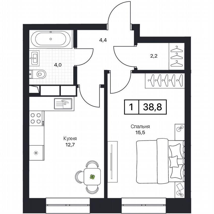 1-к. квартира, 38,8 м², 2/17 эт.