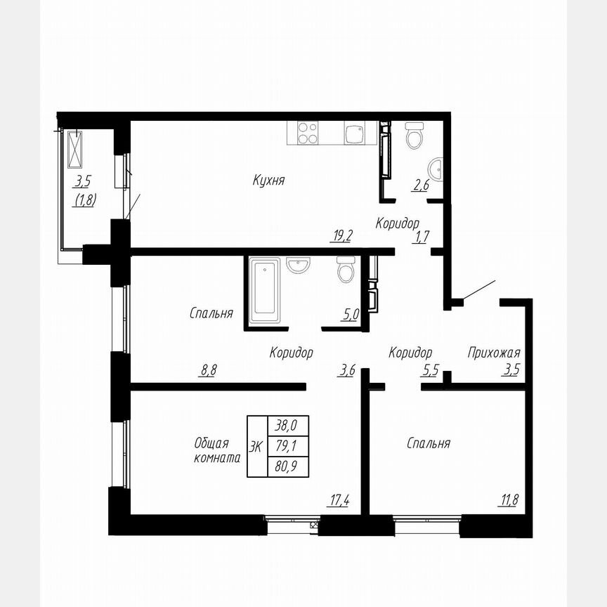 3-к. квартира, 80,9 м², 11/17 эт.