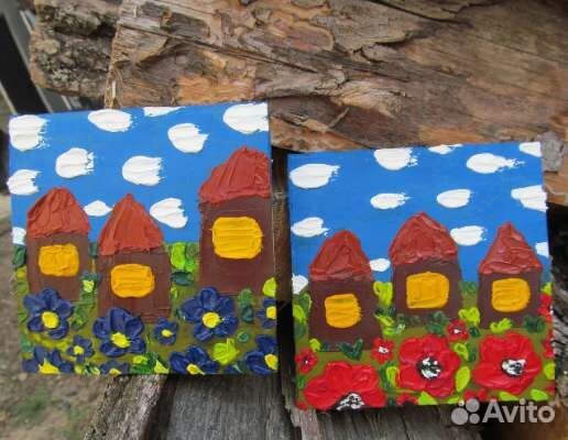 Картина маслом Деревенский пейзаж цветы и дома