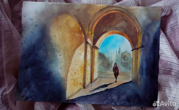 Картина акварель городской пейзаж