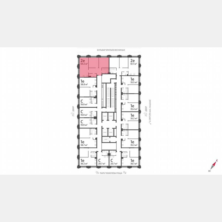 2-к. квартира, 64,2 м², 11/43 эт.
