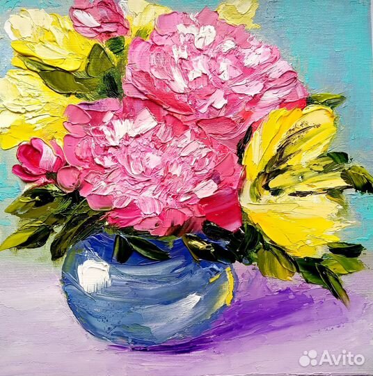 Букет цветов в вазе картина маслом 20 х 20 см