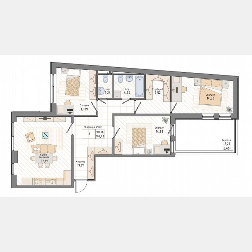 3-к. квартира, 105,4 м², 1/9 эт.