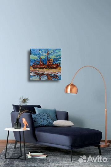 Картина маслом старый корабль баркас море импасто