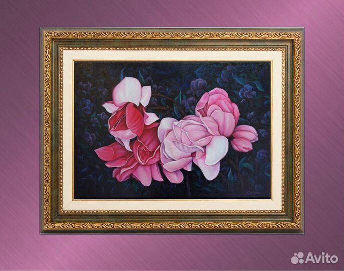 Королевские магнолии в ночном саду. Картина, масло