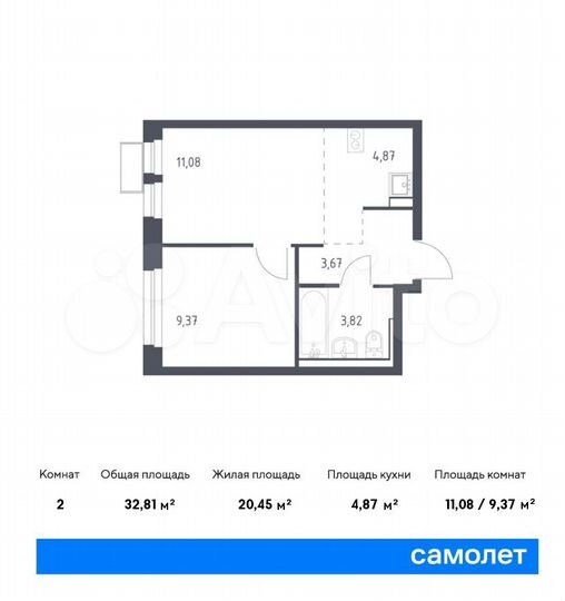 2-к. квартира, 32,8 м², 9/17 эт.