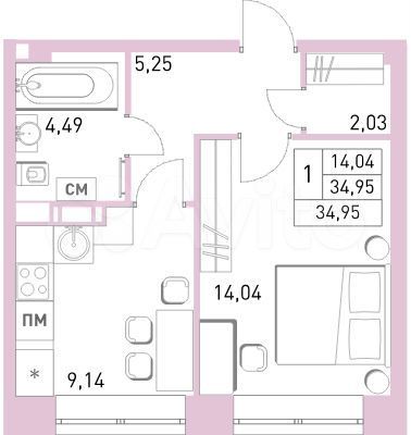 1-к. квартира, 35 м², 4/17 эт.