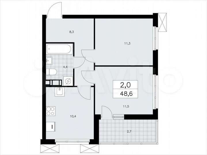 2-к. квартира, 48,6 м², 4/9 эт.