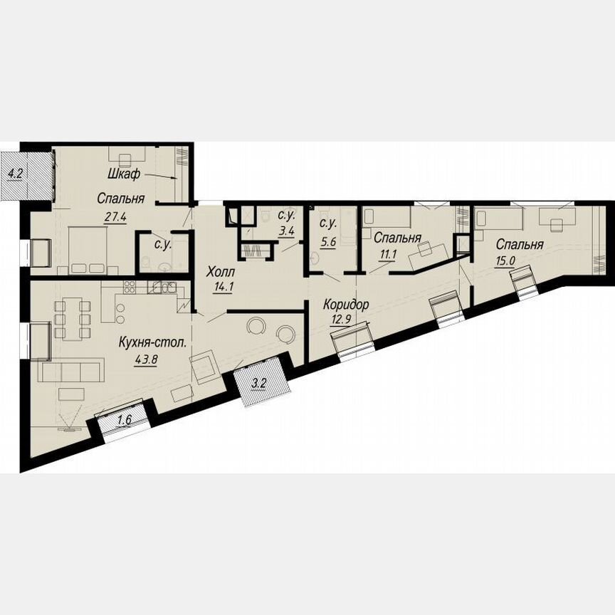 3-к. квартира, 142,2 м², 7/8 эт.