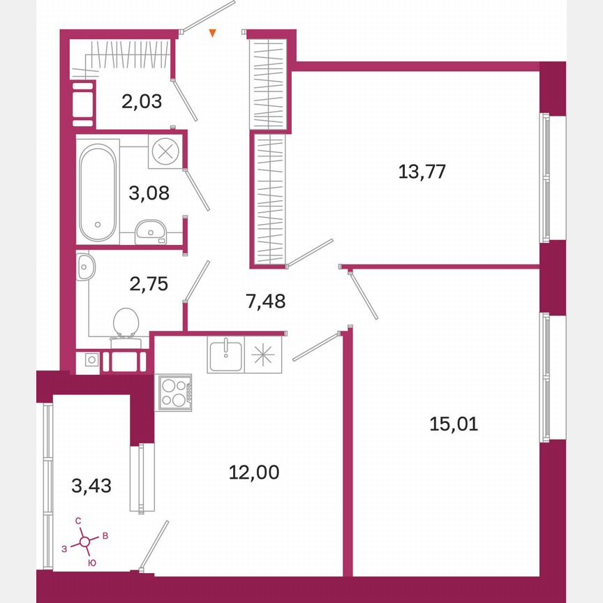 2-к. квартира, 57,8 м², 5/10 эт.