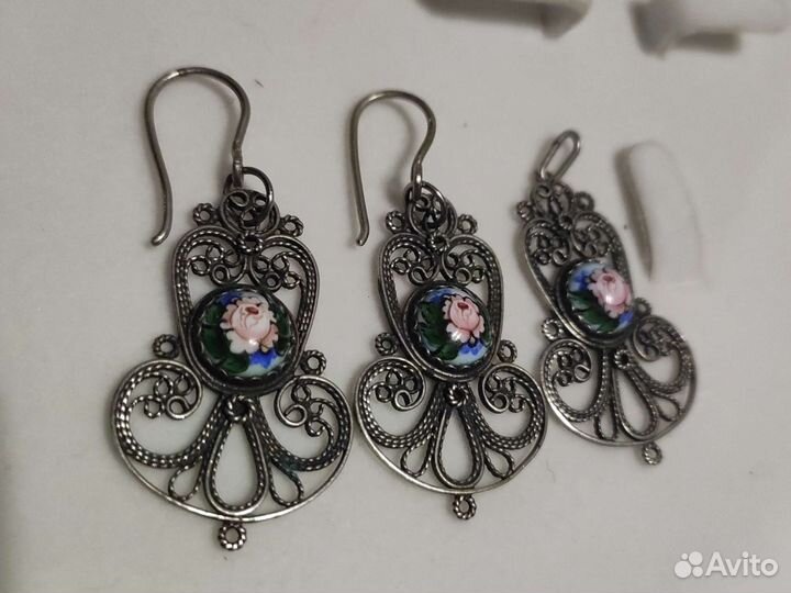 Комплекты серьги и подвески СССР, финифть скань