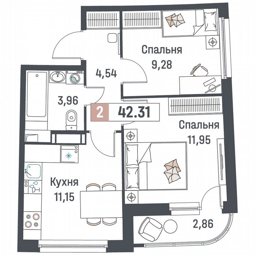 2-к. квартира, 42,3 м², 12/18 эт.