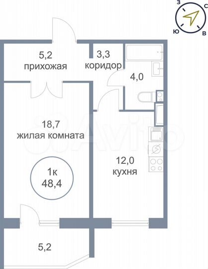 1-к. квартира, 48,4 м², 8/16 эт.
