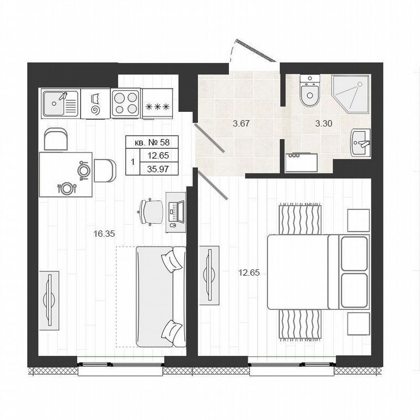 1-к. квартира, 36 м², 4/4 эт.