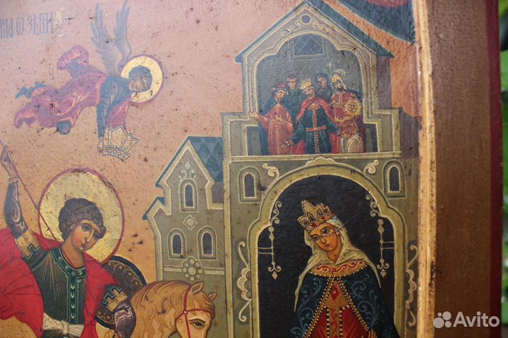Старинная Икона Палех Георгий Победоносец 40*30
