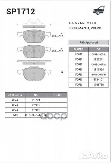 SP1712 колодки дисковые передние Ford Focus I