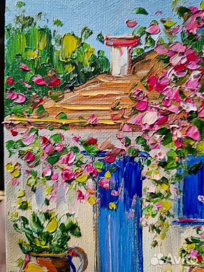 Картина маслом дом пейзаж город цветы бугенвиллия