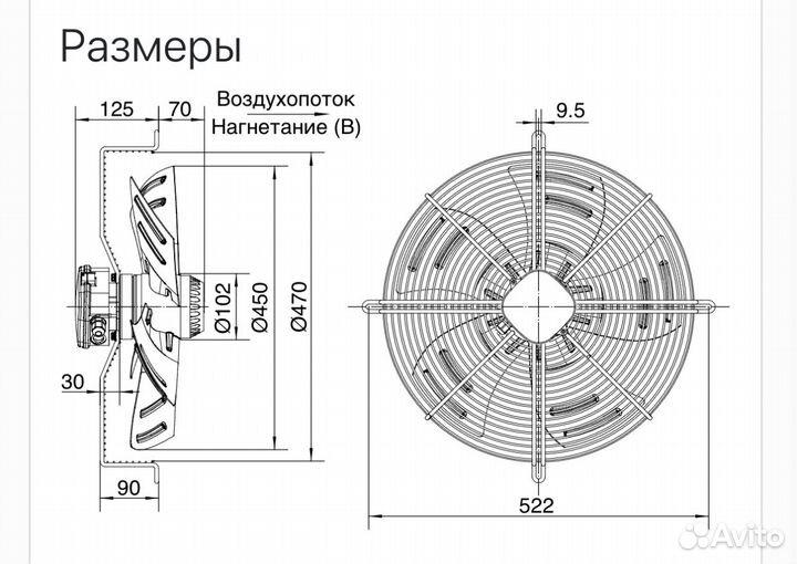 Вентилятор нагнетающий d 450, 220В, 1350 об/мин