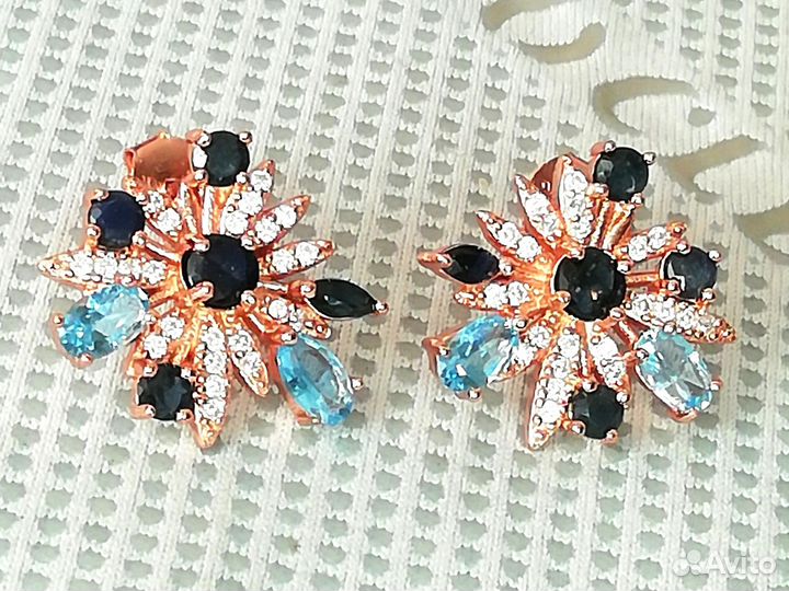 Серьги серебро сапфир, топаз С326