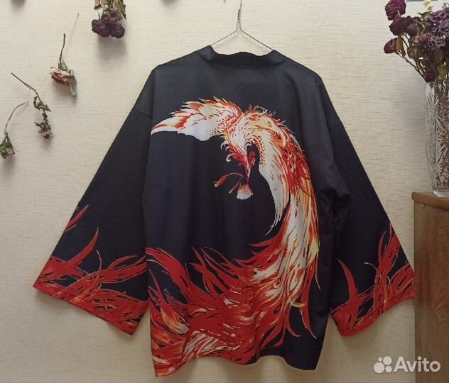 Чёрное хаори с принтом феникс