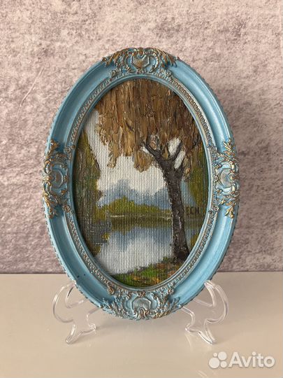 Картина маслом миниатюра в рамке На озере