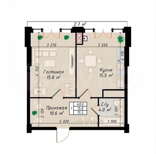 1-к. квартира, 48,6 м², 10/10 эт.