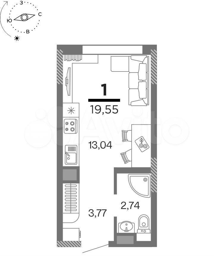 1-к. квартира, 19,6 м², 6/16 эт.