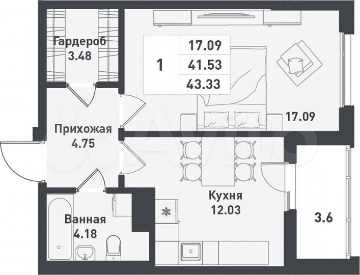1-к. квартира, 43,3 м², 8/11 эт.