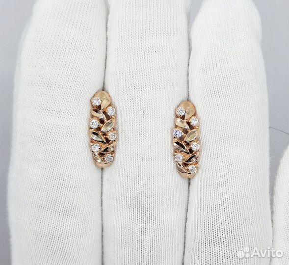 Золотые серьги 585 пробы Колосок с фианитами