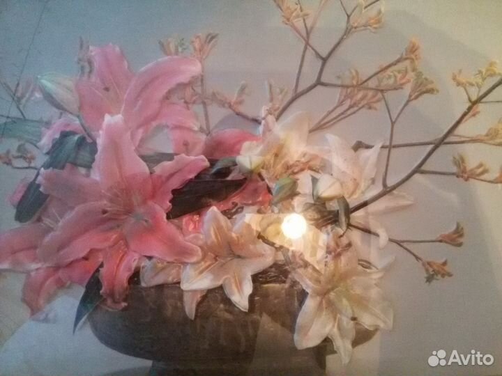 Картина, обьемные цветы, стекло. новая