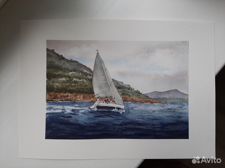 Акварель море,парусник