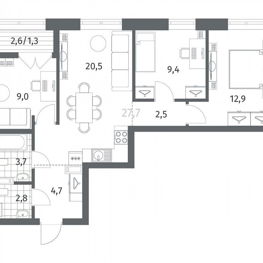 3-к. квартира, 66,9 м², 7/12 эт.