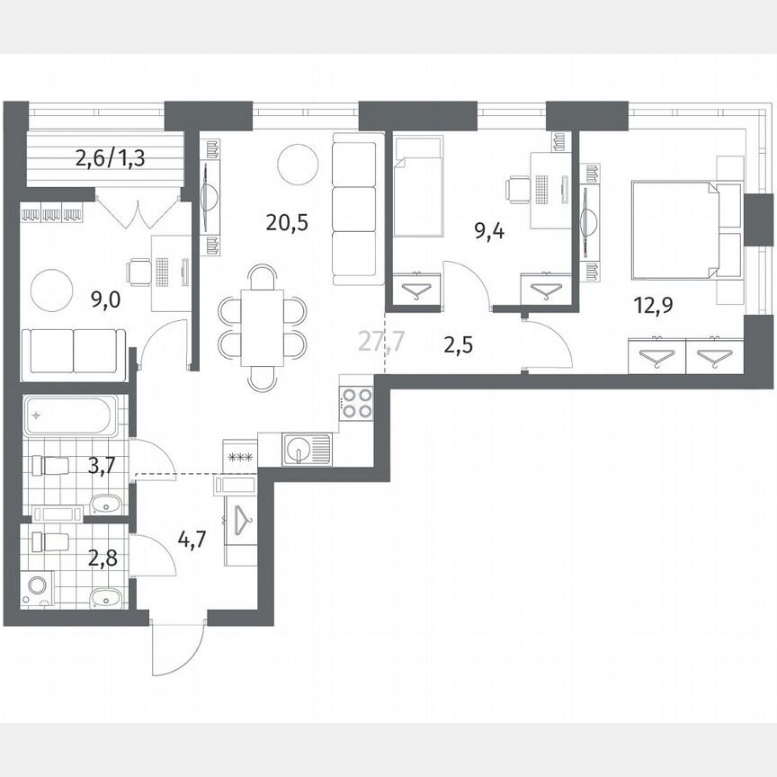 3-к. квартира, 66,9 м², 7/12 эт.