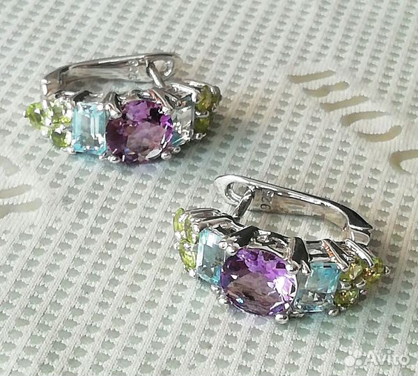 Серьги серебро аметист, топаз, перидот С406